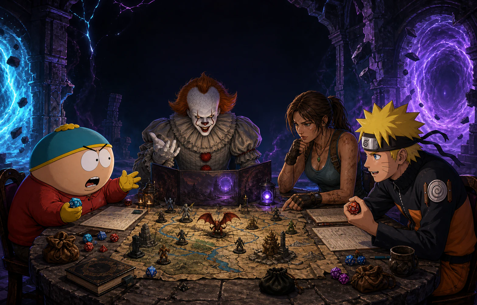 Cartman, Pennywise, Lara Croft e Naruto giocano insieme a un tavolo fantasy nel Nexus